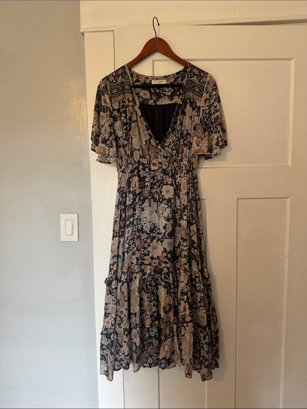 Spell Floral V-Neck Tiered Midi Dress in Navy and Beige